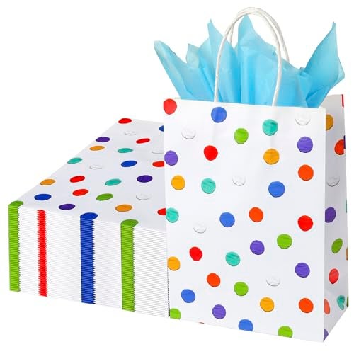 BLEWINDZ 32Pcs Rainbow Small Gift Bags Bulk with 32Pcs Tissue Paper Colorful Polka Dots Goodie Bags with Handles for Party Favors Kids Birthday Baby Shower Wedding Shoppings